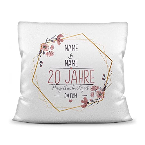 Kissen Hochzeitstag Porzellan Hochzeit - mit Name & Datum selbst gestalten - 20 Jahre Ehe, Geschenk Hochzeit, Jubiläum, Jahrestag - Kissen Weiß flauschig, 40x40 cm I Personalisiert von Tassendruck