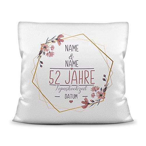 Kissen Hochzeitstag Topas Hochzeit - mit Name & Datum selbst gestalten - 52 Jahre Ehe, Geschenk Hochzeit, Jubiläum, Jahrestag - Kissen Weiß flauschig, 40x40 cm I Personalisiert von Tassendruck