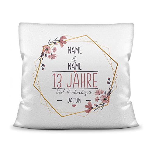 Kissen Hochzeitstag Veilchen Hochzeit - mit Name & Datum selbst gestalten - 13 Jahre Ehe, Geschenk Hochzeit, Jubiläum, Jahrestag - Kissen Weiß flauschig, 40x40 cm I Personalisiert von Tassendruck