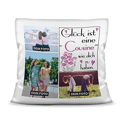 Kissen inkl. Kissenfüllung mit Fotocollage zum selbst Gestalten mit DREI Fotos und Spruch - Glück ist, eine Cousine wie Dich zu haben - Kissen Weiß flauschig, 40 x 40 cm Kissen inkl. Kissenfüllung mit Fotocollage zum selbst Gestalten mit DREI Fotos und Spruch - Glück ist, eine Cousine wie Dich zu haben - Kissen Weiß flauschig, 40 x 40 cm von Tassendruck