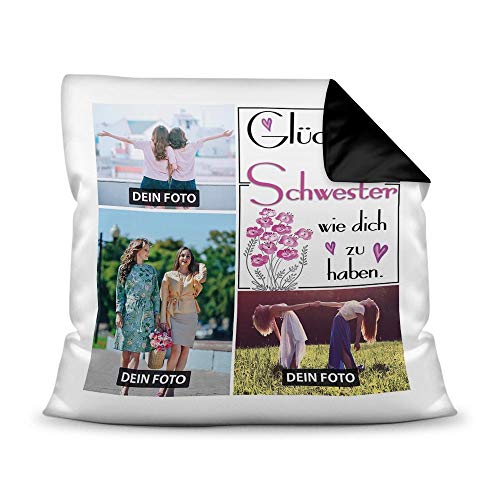 Kissen inkl. Kissenfüllung mit Fotocollage zum selbst Gestalten mit DREI Fotos und Spruch - Glück ist, eine Schwester wie Dich zu haben - Farbkissen Rückseite Schwarz, 40 x 40 cm Kissen inkl. Kissenfüllung mit Fotocollage zum selbst Gestalten mit DREI Fotos und Spruch - Glück ist, eine Schwester wie Dich zu haben - Farbkissen Rückseite Schwarz, 40 x 40 cm von Tassendruck