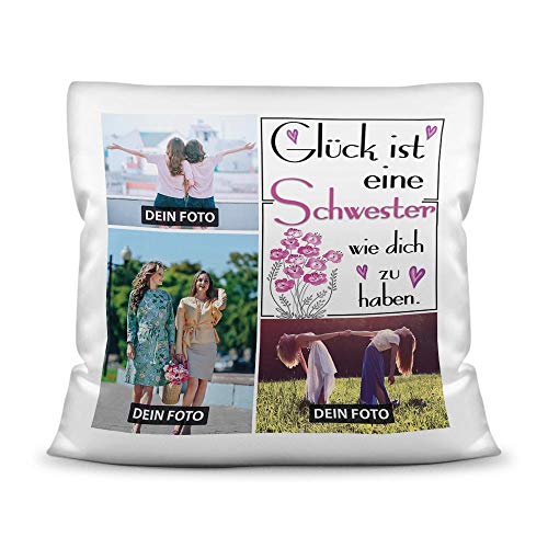 Kissen inkl. Kissenfüllung mit Fotocollage zum selbst Gestalten mit DREI Fotos und Spruch - Glück ist, eine Schwester wie Dich zu haben - Kissen Weiß, 40 x 40 cm von Tassendruck