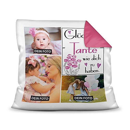 Kissen inkl. Kissenfüllung mit Fotocollage zum selbst Gestalten mit DREI Fotos und Spruch - Glück ist, eine Tante wie Dich zu haben - Farbkissen Rückseite Pink, 40 x 40 cm Kissen inkl. Kissenfüllung mit Fotocollage zum selbst Gestalten mit DREI Fotos und Spruch - Glück ist, eine Tante wie Dich zu haben - Farbkissen Rückseite Pink, 40 x 40 cm von Tassendruck