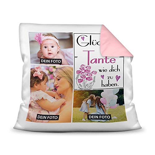 Kissen inkl. Kissenfüllung mit Fotocollage zum selbst Gestalten mit DREI Fotos und Spruch - Glück ist, eine Tante wie Dich zu haben - Farbkissen Rückseite Rosa, 40 x 40 cm Kissen inkl. Kissenfüllung mit Fotocollage zum selbst Gestalten mit DREI Fotos und Spruch - Glück ist, eine Tante wie Dich zu haben - Farbkissen Rückseite Rosa, 40 x 40 cm von Tassendruck