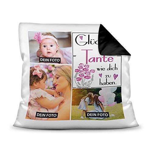Kissen inkl. Kissenfüllung mit Fotocollage zum selbst Gestalten mit DREI Fotos und Spruch - Glück ist, eine Tante wie Dich zu haben - Farbkissen Rückseite Schwarz, 40 x 40 cm Kissen inkl. Kissenfüllung mit Fotocollage zum selbst Gestalten mit DREI Fotos und Spruch - Glück ist, eine Tante wie Dich zu haben - Farbkissen Rückseite Schwarz, 40 x 40 cm von Tassendruck