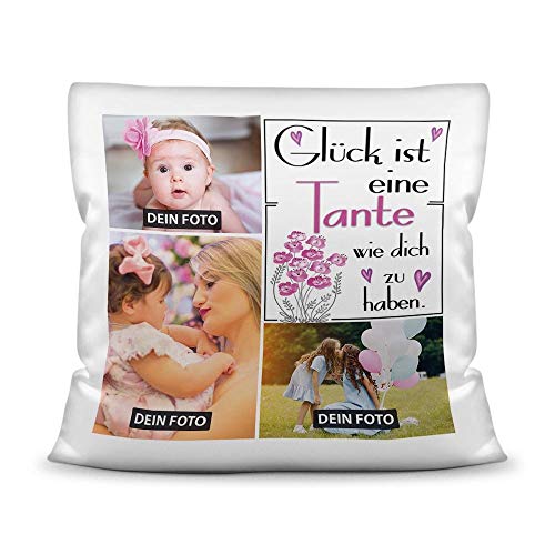 Kissen inkl. Kissenfüllung mit Fotocollage zum selbst Gestalten mit DREI Fotos und Spruch - Glück ist, eine Tante wie Dich zu haben - Kissen Weiß, 40 x 40 cm Kissen inkl. Kissenfüllung mit Fotocollage zum selbst Gestalten mit DREI Fotos und Spruch - Glück ist, eine Tante wie Dich zu haben - Kissen Weiß, 40 x 40 cm von Tassendruck