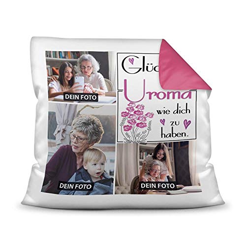 Kissen inkl. Kissenfüllung mit Fotocollage zum selbst Gestalten mit DREI Fotos und Spruch - Glück ist, eine Uroma wie Dich zu haben - Farbkissen Rückseite Pink, 40 x 40 cm Kissen inkl. Kissenfüllung mit Fotocollage zum selbst Gestalten mit DREI Fotos und Spruch - Glück ist, eine Uroma wie Dich zu haben - Farbkissen Rückseite Pink, 40 x 40 cm von Tassendruck