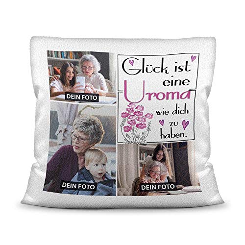 Kissen inkl. Kissenfüllung mit Fotocollage zum selbst Gestalten mit DREI Fotos und Spruch - Glück ist, eine Uroma wie Dich zu haben - Kissen Weiß flauschig, 40 x 40 cm Kissen inkl. Kissenfüllung mit Fotocollage zum selbst Gestalten mit DREI Fotos und Spruch - Glück ist, eine Uroma wie Dich zu haben - Kissen Weiß flauschig, 40 x 40 cm von Tassendruck