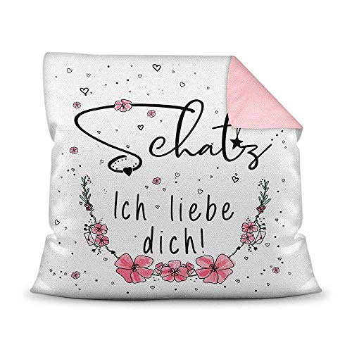 Liebe-Kissen mit Spruch Schatz - Ich Liebe Dich - Rosa - Kissenbezug inklusive Kissen/Love/Geschenk-Idee/Liebling/Pärchen/Rückseite Altrosa von Tassendruck