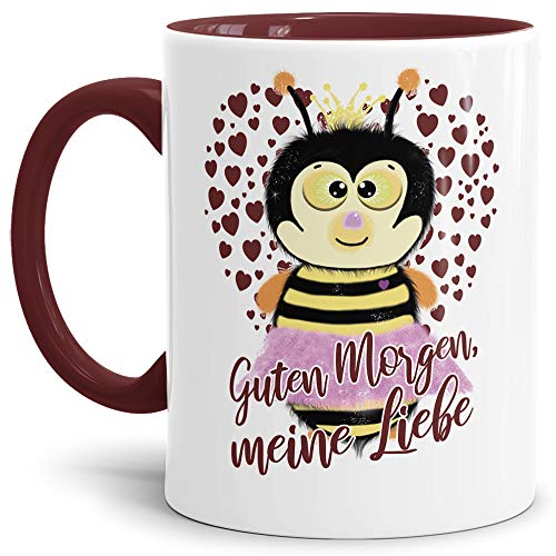 Liebes-Tasse mit Spruch Guten Morgen meine Liebe - Biene/Paar/Schatz/Verliebt/Geschenk-Idee/Innen & Henkel Weinrot von Tassendruck