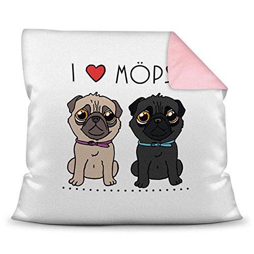 Mops-Kissen mit Spruch I Love Möpse - Kissenbezug inkl. Kissenfüllung/Hund/Tier/Pug/Cup/Rückseite Altrosa von Tassendruck