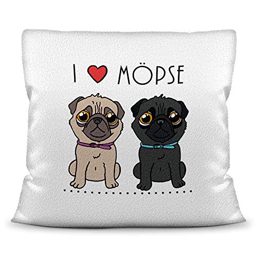 Mops-Kissen mit Spruch I Love Möpse - Kissenbezug inkl. Kissenfüllung/Hund/Tier/Pug/Cup/Weiss - Polyester (flauschig) von Tassendruck