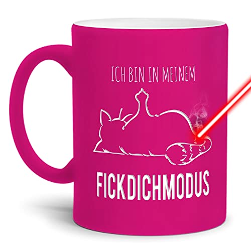 Neon-Tasse mit Gravur & Spruch - Nö Katze, Fick Dich Modus - Lustiges Geschenk für Freunde, Katzen-Motiv - Keramik-Tasse gravieren, Neon-Pink, 300 ml I Lasergravur von Tassendruck