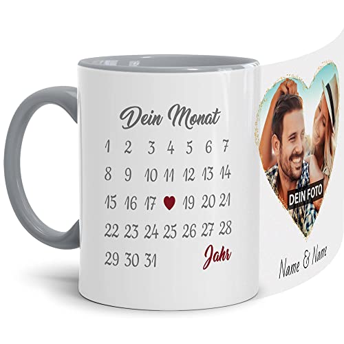 Paar-Tasse mit Kalender selbst gestalten - mit anpassbarem Jahrestag, mit Namen, Text & Foto Bedrucken - Geschenk Valentinstag, Jahrestag, Paar, Liebe - Innen & Henkel Grau, 300 ml von Tassendruck