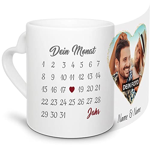 Paar-Tasse mit Kalender selbst gestalten - mit anpassbarem Jahrestag, mit Namen, Text & Foto Bedrucken - Geschenk Valentinstag, Jahrestag, Paar, Liebe - Weiß Herzhenkel, 300 ml von Tassendruck