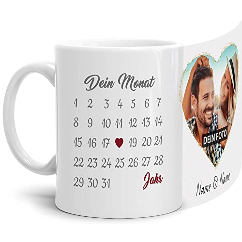 Paar-Tasse mit Kalender selbst gestalten - mit anpassbarem Jahrestag, mit Namen, Text & Foto Bedrucken - Geschenk Valentinstag, Jahrestag, Paar, Liebe - Weiß, 300 ml von Tassendruck