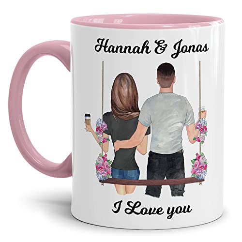 Paar-Tasse Personalisieren - mit Kalender/Spruch selbst gestalten - Geschenk für Paare, Verliebte, Valentinstag, Jahrestag, Weihnachten - Innen & Henkel Rosa, 300 ml von Tassendruck