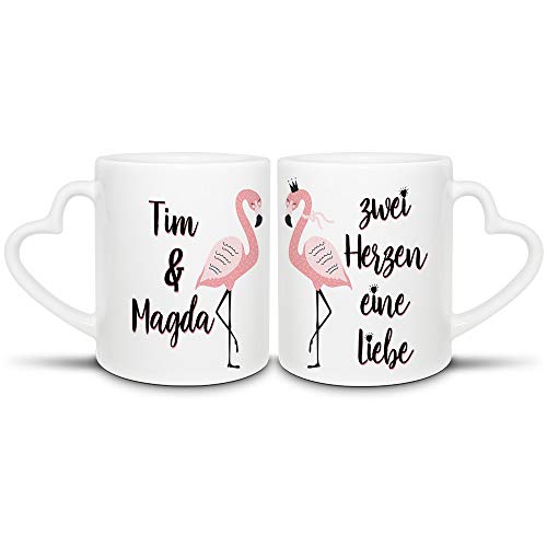 Pärchen-Tassenset für Sie & Ihn "Flamingo - Zwei Herzen eine Liebe" - 2er Set Herzhenkel - Liebe/Beziehung/Paar/Geschenk-Idee nicht nur zum Valentinstag von Tassendruck