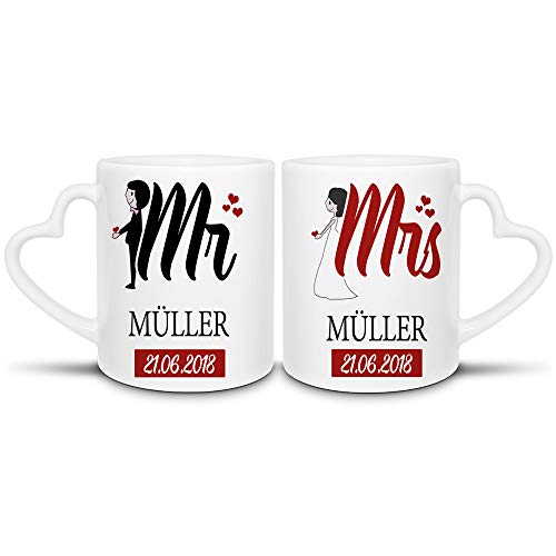 Pärchen-Tassenset für Sie & Ihn "Mr. & Mrs. - Figur" - 2er Set Herzhenkel - Liebe/Beziehung/Paar/Geschenk-Idee nicht nur zum Valentinstag von Tassendruck