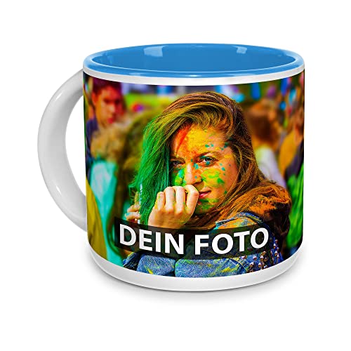 Pott-Tasse individuell selbst gestalten - mit Foto/Text Bedrucken - Kaffee-Pott personalisierbar - Foto-Geschenk für Familie, Freunde, Kollegen - Innen Hellblau, Keramik, 350 ml von Tassendruck