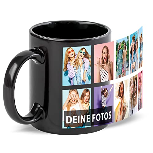 Schwarze Tasse zum selbst gestalten mit Foto-Collage für 10 Wunschfotos - Geschenk für Freunde zum Geburtstag, Weihnachten - Keramik, 300 ml | Personalisiertes Geschenk von Tassendruck