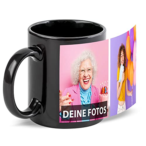 Schwarze Tasse zum selbst gestalten mit Foto-Collage für 2 Wunschfotos - Geschenk für Freunde zum Geburtstag, Weihnachten - Keramik, 300 ml | Personalisiertes Geschenk von Tassendruck