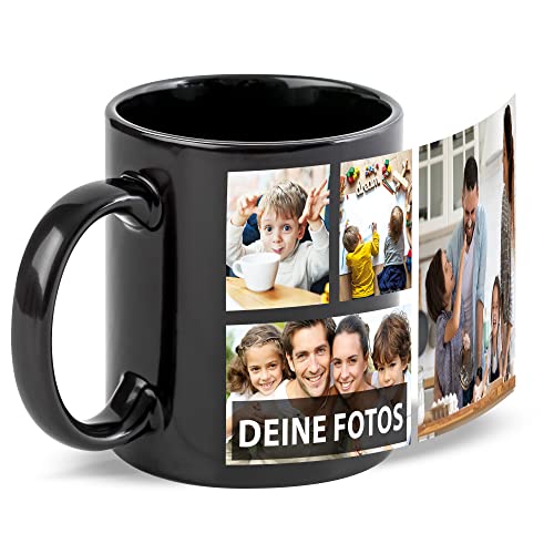 Schwarze Tasse zum selbst gestalten mit Foto-Collage für 4 Wunschfotos - Geschenk für Freunde zum Geburtstag, Weihnachten - Keramik, 300 ml | Personalisiertes Geschenk von Tassendruck