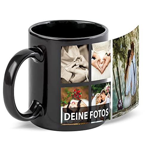 Schwarze Tasse zum selbst gestalten mit Foto-Collage für 5 Wunschfotos - Geschenk für Freunde zum Geburtstag, Weihnachten - Keramik, 300 ml | Personalisiertes Geschenk von Tassendruck