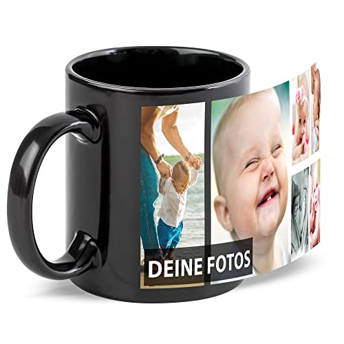 Schwarze Tasse zum selbst gestalten mit Foto-Collage für 6 Wunschfotos - Geschenk für Freunde zum Geburtstag, Weihnachten - Keramik, 300 ml | Personalisiertes Geschenk von Tassendruck