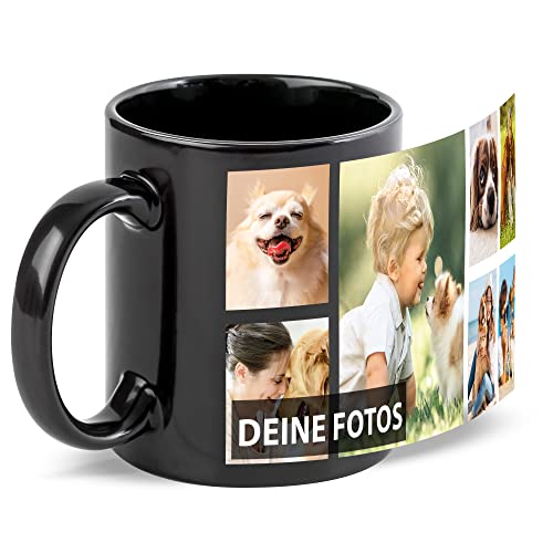 Schwarze Tasse zum selbst gestalten mit Foto-Collage für 7 Wunschfotos - Geschenk für Freunde zum Geburtstag, Weihnachten - Keramik, 300 ml | Personalisiertes Geschenk von Tassendruck