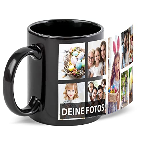 Schwarze Tasse zum selbst gestalten mit Foto-Collage für 9 Wunschfotos - Geschenk für Freunde zum Geburtstag, Weihnachten - Keramik, 300 ml | Personalisiertes Geschenk von Tassendruck