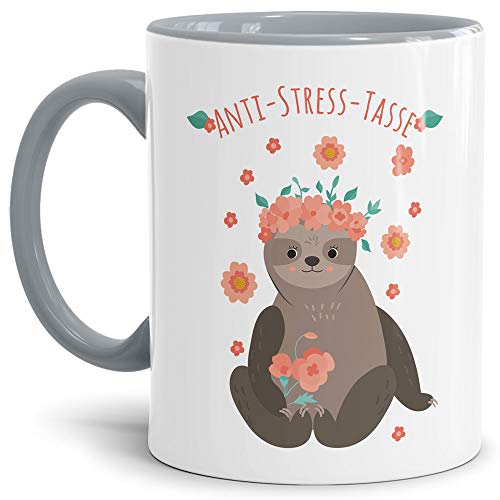 Süße Anti Stress Tasse "Faultier" - Faultiertasse für Sie/Geschenkidee für die Freundin/Schöne Motivtasse zum Entspannen - Innen & Henkel Grau von Tassendruck