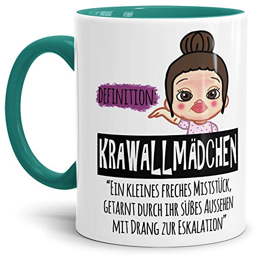 Tasse Krawallmädchen braunhaarig - Lustige Tasse mit Spruch/Kaffeetasse/Geschenk-Idee Mädchen/Tochter - Innen & Henkel Türkis von Tassendruck