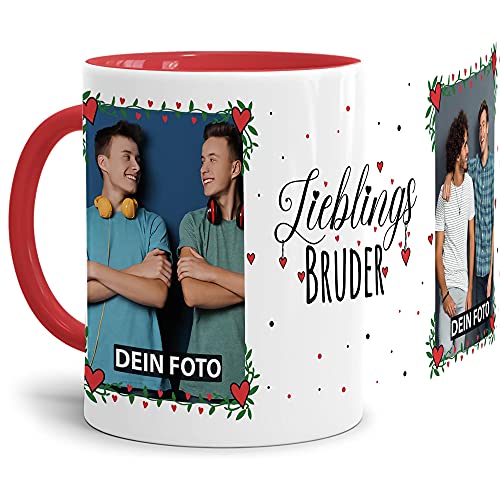 Tasse - Lieblings-Bruder - zum selbst Gestalten mit zwei Fotos - Fototasse für den Bruder - Keramik, Innen & Henkel Rot, 300 ml von Tassendruck