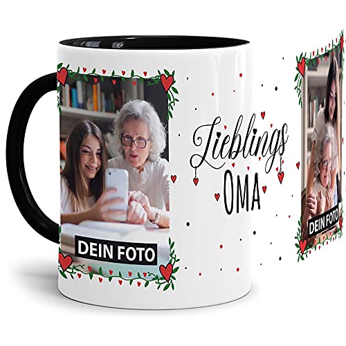 Tasse - Lieblings-Oma - zum selbst Gestalten mit zwei Fotos - personalisierbare Fototasse für Oma aus Keramik, Innen & Henkel Schwarz, 300 ml von Tassendruck