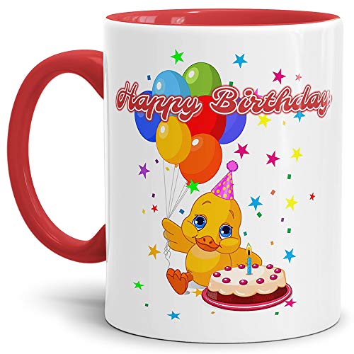 Tasse für Kinder Geburtstag Ente Rot Happy Birthday - Kaffeetasse Innen und Henkel Rot/Mug/Cup - Qualität Made in Germany von Tassendruck