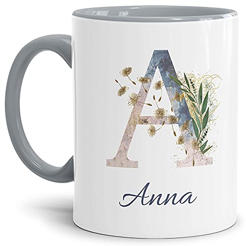 Tasse mit Buchstabe "A" und Blumen - mit Name personalisiert - Initiale, Namens-Tasse, Buchstaben Tasse, Geschenk I Keramik Innen & Henkel Grau, 300 ml von Tassendruck