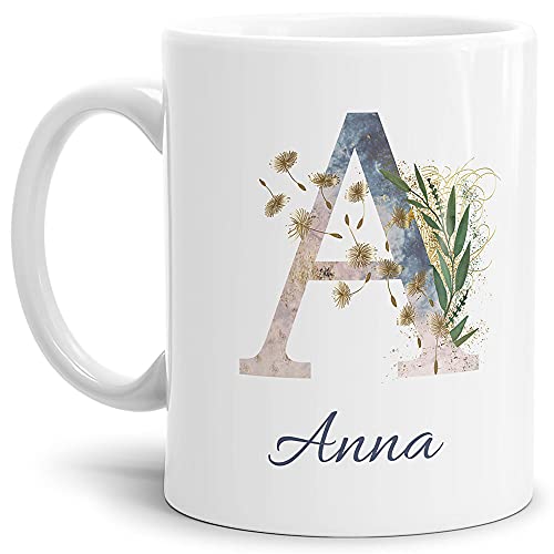 Tasse mit Buchstabe "A" und Blumen - mit Name personalisiert - Initiale, Namens-Tasse, Buchstaben Tasse, Geschenk I Keramik Weiß, 300 ml von Tassendruck
