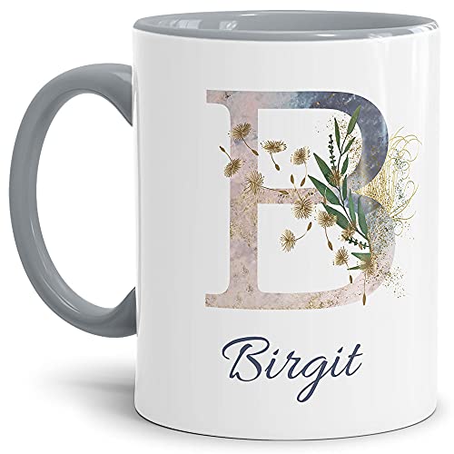 Tasse mit Buchstabe "B" und Blumen - mit Name personalisiert - Initiale, Namens-Tasse, Buchstaben Tasse, Geschenk I Keramik Innen & Henkel Grau, 300 ml von Tassendruck