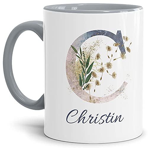 Tasse mit Buchstabe C und Blumen - mit Name personalisiert - Initiale, Namens-Tasse, Buchstaben Tasse, Geschenk I Keramik Innen & Henkel Grau, 300 ml von Tassendruck