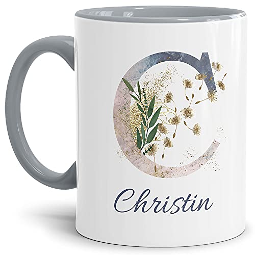 Tasse mit Buchstabe "C" und Blumen - mit Name personalisiert - Initiale, Namens-Tasse, Buchstaben Tasse, Geschenk I Keramik Innen & Henkel Grau, 300 ml von Tassendruck