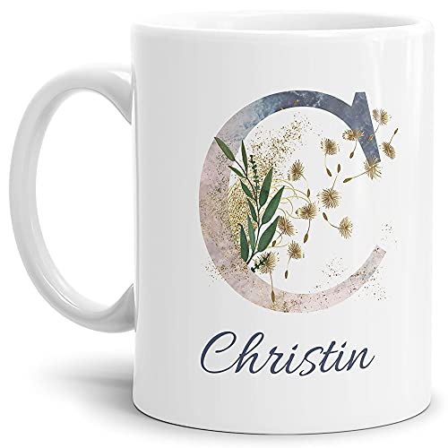 Tasse mit Buchstabe "C" und Blumen - mit Name personalisiert - Initiale, Namens-Tasse, Buchstaben Tasse, Geschenk I Keramik Weiß, 300 ml von Tassendruck