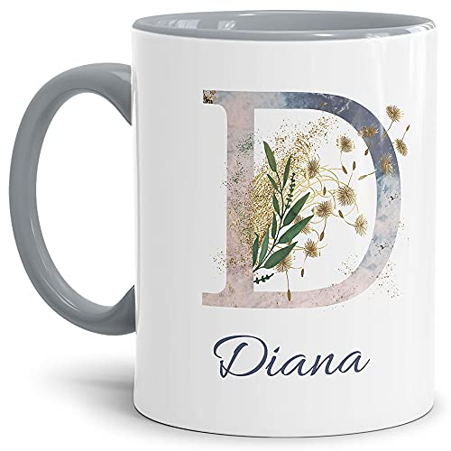 Tasse mit Buchstabe "D" und Blumen - mit Name personalisiert - Initiale, Namens-Tasse, Buchstaben Tasse, Geschenk I Keramik Innen & Henkel Grau, 300 ml von Tassendruck