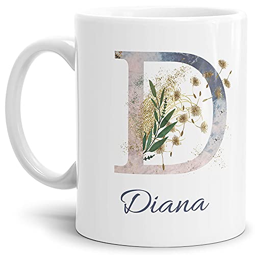 Tasse mit Buchstabe "D" und Blumen - mit Name personalisiert - Initiale, Namens-Tasse, Buchstaben Tasse, Geschenk I Keramik Weiß, 300 ml von Tassendruck