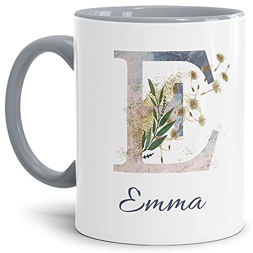 Tasse mit Buchstabe "E" und Blumen - mit Name personalisiert - Initiale, Namens-Tasse, Buchstaben Tasse, Geschenk I Keramik Innen & Henkel Grau, 300 ml von Tassendruck