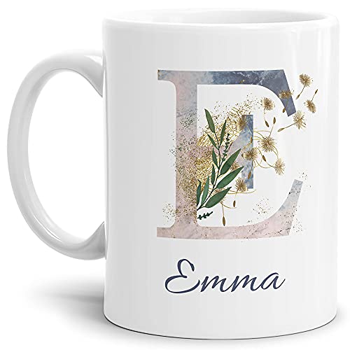 Tasse mit Buchstabe "E" und Blumen - mit Name personalisiert - Initiale, Namens-Tasse, Buchstaben Tasse, Geschenk I Keramik Weiß, 300 ml von Tassendruck