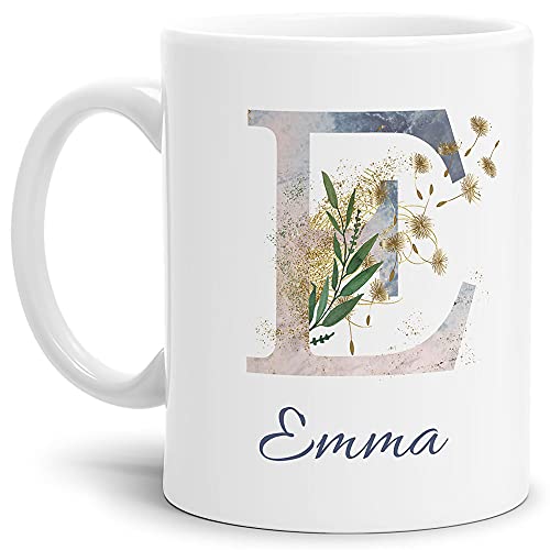 Tasse mit Buchstabe E und Blumen - mit Name personalisiert - Initiale, Namens-Tasse, Buchstaben Tasse, Geschenk I Keramik Weiß matt, 300 ml von Tassendruck