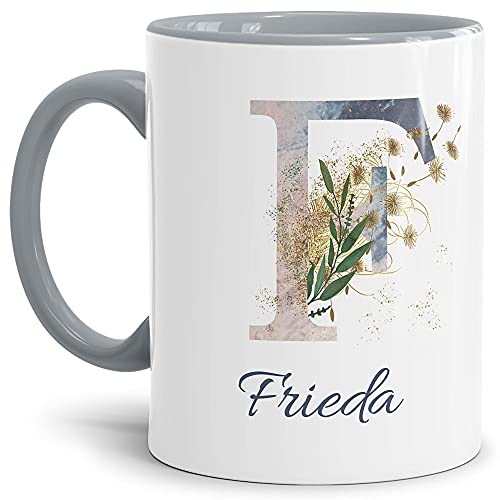 Tasse mit Buchstabe "F" und Blumen - mit Name personalisiert - Initiale, Namens-Tasse, Buchstaben Tasse, Geschenk I Keramik Innen & Henkel Grau, 300 ml von Tassendruck