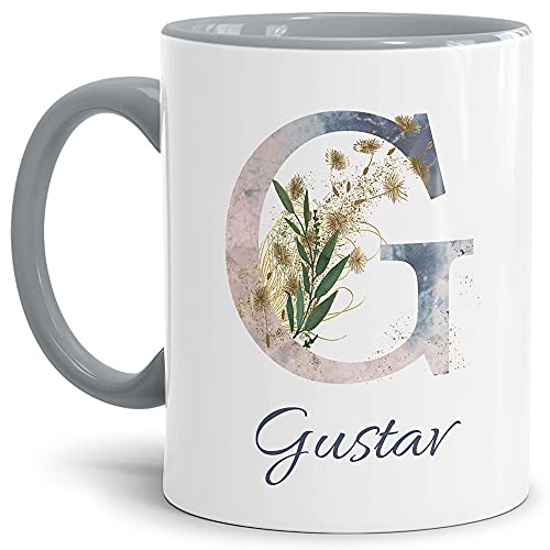 Tasse mit Buchstabe "G" und Blumen - mit Name personalisiert - Initiale, Namens-Tasse, Buchstaben Tasse, Geschenk I Keramik Innen & Henkel Grau, 300 ml von Tassendruck