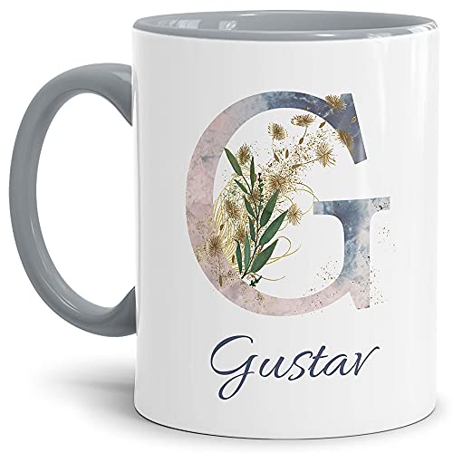 Tasse mit Buchstabe G und Blumen - mit Name personalisiert - Initiale, Namens-Tasse, Buchstaben Tasse, Geschenk I Keramik Innen & Henkel Grau, 300 ml von Tassendruck